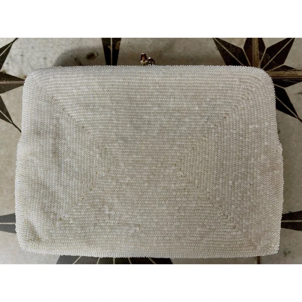 Vintage 1950s Beaded Pearl Purse, Made in Japan, Bridal Handbag